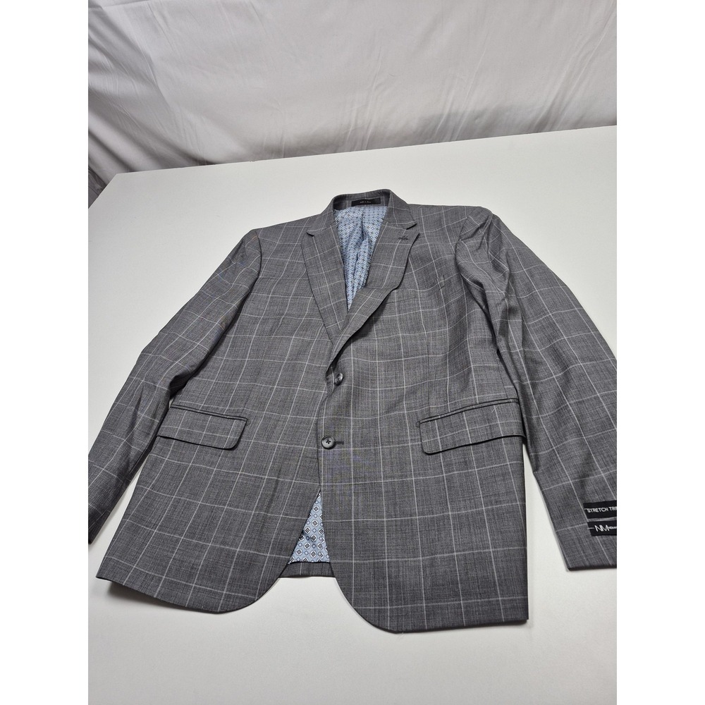 Neiman Marcus Blazer Mens 46R Gray Wool Plaid Trim Fit Stretch NWT
